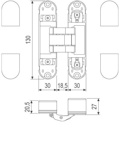 Прихована петля AGB Eclipse 2.1, 130х30 мм, матовий хром, з ковпачками (E30200.92.34 Kit) E30200.92.34+E30200.44.34 фото
