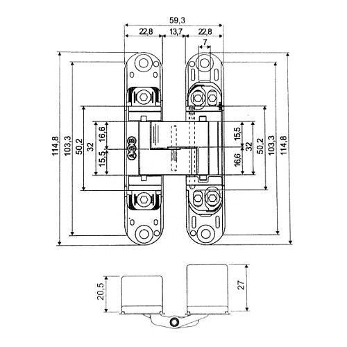 Прихована петля AGB Eclipse 3.0, 115х23 мм, матовий хром, з ковпачками (E30200.02.34 Kit) E30200.02.34+E30200.12.34 фото