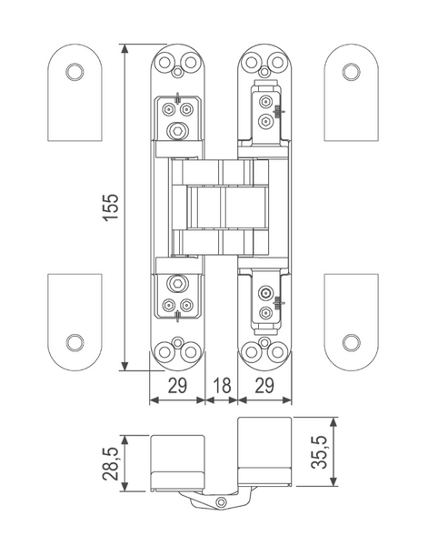 Прихована петля AGB Eclipse 5.0, 155х29 мм, нікель, з ковпачками (E30501.08.06) E30501.08.06 фото