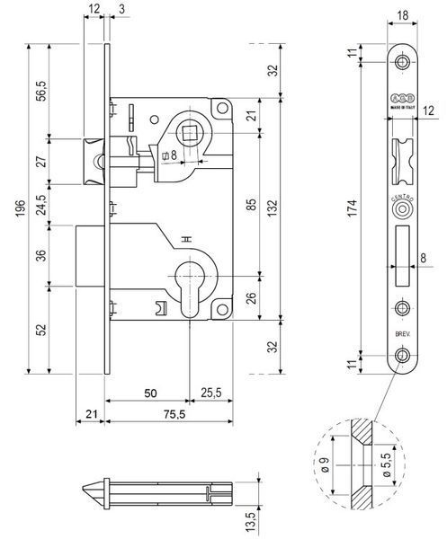 Врезной межкомнатный замок AGB Centro PZ, 85/50 мм, латунь (B01025.50.03) B01025.50.03 фото